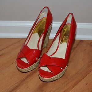 Michael Kors red leather Casandra Espadrille open toe Platform wedge sandals 8.5